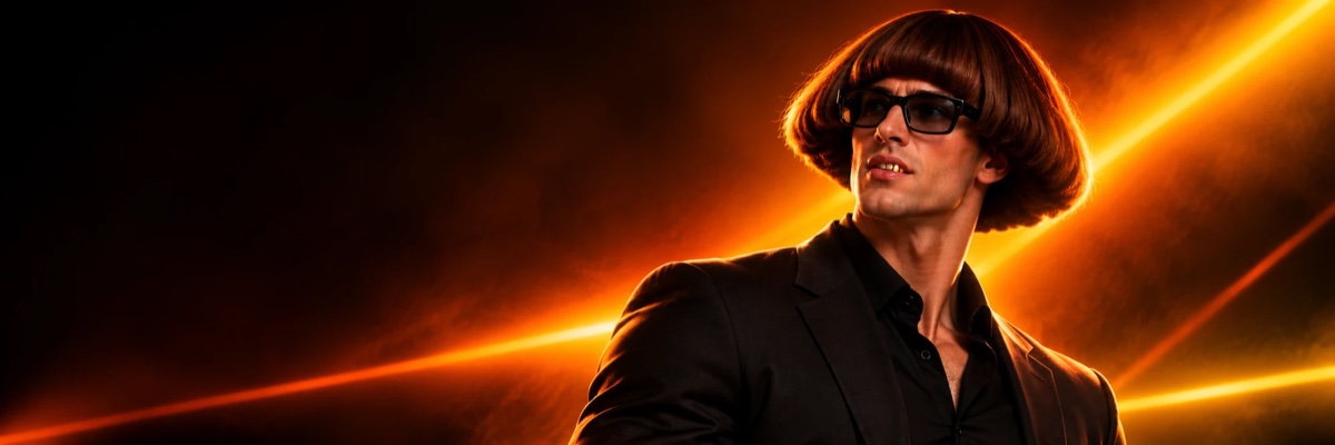 An AI influencer character with a bowl haircut and sunglasses against an orange glow